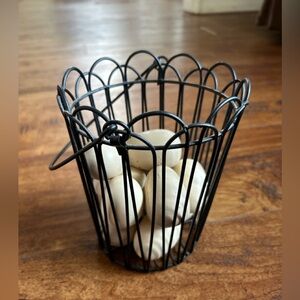 Black Metal Basket with off-white speckled eggs Easter Decor or Farmhouse